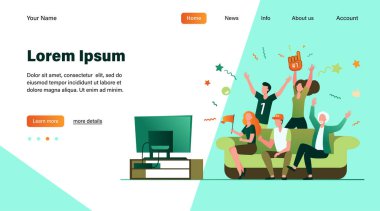 Futbol taraftarları TV 'de maç izliyor. Arkadaşlar kanepede oturup futbol takımının galibiyetini veya golünü kutluyor. Şampiyonluk için vektör illüstrasyonu, evde eğlence, spor oyunu destekleyici konsepti