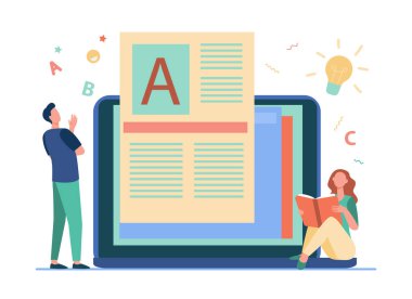 Erkek blog için içerik yaratıyor ve kadın internette kitap okuyor. Bilgisayar, fikir, tartışma. Vektör çizimi. Çevrimiçi konsept sunumlar, afişler, web sitesi tasarımı, iniş web sayfası için kullanılabilir