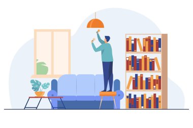 Adam avizeye ampul yerleştiriyor. Tamir, aydınlatma. Düz vektör çizimi. Ev idaresi kavramı sunumlar, afişler, web sitesi tasarımı, iniş web sayfası için kullanılabilir