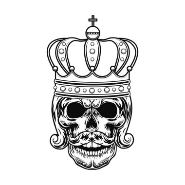 Monarch vektör illüstrasyonunun kafatası. Kral ya da çar başı, sakallı, kraliyet saçı ve tacı olan. Monarşi konuları veya dövme şablonu için otorite kavramı