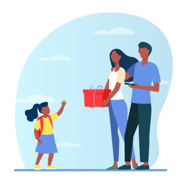 Ebeveynler küçük kızına hediye veriyor. Şimdiki kutu düz vektör illüstrasyonlu aile çifti ve çocuğu. Doğum günü, sürpriz, afiş, web sitesi tasarımı veya iniş web sayfası için çocukluk konsepti