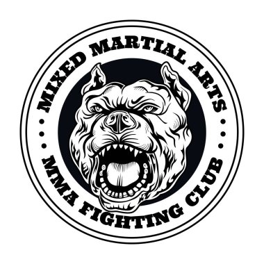 Kızgın köpeklerle dolu dövüş kulübü amblemi. Kızgın köpekli kickboks ve dövüş kulübü logosu. İzole vektör çizimi. Spor, boks ve karma dövüş sanatları ve tasarım öğeleri kavramı