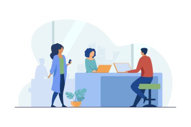 Projede birlikte çalışan insanlar. İşbirliği, fikirler. Düz vektör çizimi. Başlangıç projesi kavramı sunumlar, afişler, web sitesi tasarımı, iniş web sayfası için kullanılabilir