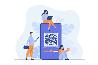 Çevrimiçi ödeme için QR kodu kullanan küçük insanlar izole edilmiş düz vektör çizimi. Çizgi film bilgi karakterleri akıllı telefonu QR kodunu taramak için kullanır. Dijital cüzdan ve modern teknoloji konsepti