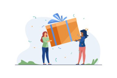 Hediye kutusu tutan küçük kadınlar. Hediye, kurdele, mutluluk düz vektör çizimi. Pankart, web sitesi tasarımı veya iniş sayfası için kutlama ve tatil konsepti