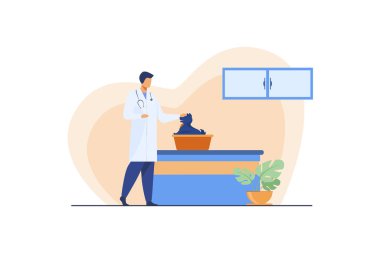 Veteriner masada oturan küçük köpeği muayene ediyor. Klinik, doktor, hayvanlar. Düz vektör çizimi. Hayvan bakımı konsepti sunumlar, afişler, web sitesi tasarımı, iniş sayfası için kullanılabilir