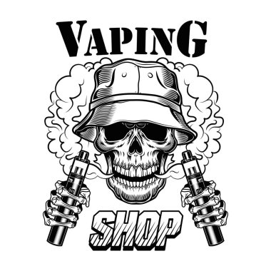 Vape shop vektör illüstrasyonu. Elektronik sigara ve buharlı modaya uygun hippi kafatası. Vape bar veya depolama etiketi, poster veya amblem şablonu için yaşam tarzı kavramı
