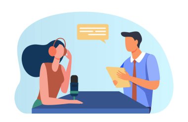 Kadın, evraklı bir adamla görüşüyor. Radyo, kulaklık, mikrofon. Düz vektör çizimi. Podcast konsepti sunumlar, afişler, web sitesi tasarımı, iniş web sayfası için kullanılabilir