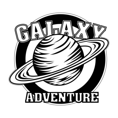 Yuvarlak rozet çiziminde klasik Saturn. Galaksi macera metni olan tek renkli gezegen. Bilim ve uzay keşfi kavramı geçmişe dönük şablon, bayrak veya poster için kullanılabilir