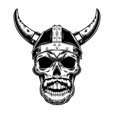 Boynuzlu miğfer vektör çiziminde savaşçı kafatası. Bıyıklı Viking 'in tek renkli başı. Dövme ya da rol için savaş ya da savaş konsepti amblem şablonları