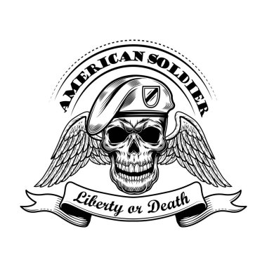 Bere vektör illüstrasyonlu Amerikan askeri. Kanatları ve özgürlüğü olan bir kafatası ya da ölüm metni. Amblem ya da dövme şablonları için askeri ya da askeri kavram