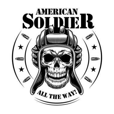 Amerikan tankçı kafatası çizimi. Tankçı şapkalı iskeletin iyileşmesi, yıldızlı ve mermili dairesel çerçeve, tüm metinler. Amblem ya da dövme şablonları için askeri ya da askeri kavram