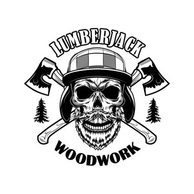 Sakallı oduncu kafatası çizimi. Çapraz baltaları ve ahşap yazıları olan iskelet başı. Amblem ya da dövme şablonları için oduncu ya da oduncu kavramı