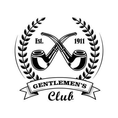 Centilmen kulübü vektör illüstrasyonu. Çapraz borular, defne çelengi, mesaj. Etiketler veya rozetler için tütün dükkanı konsepti