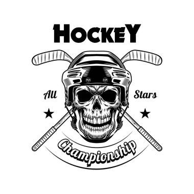 Hokey oyuncusu kafatası vektör çizimi. Kafası miğferinde iskelet, çapraz çubuklar, şampiyonluk mesajı. Amblem ve etiketler için spor veya fan topluluğu kavramı