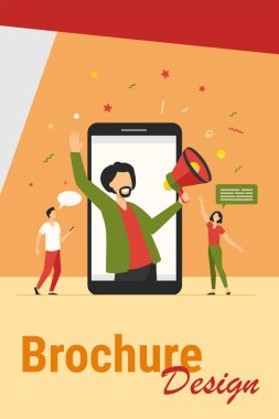 Etkilenen pazarlama konsepti. Sosyal medya sitelerinde dinleyicilerle megafon paylaşım bilgilerine sahip bir erkek blogcu. Dijital pazarlama, tanıtım, iletişim konuları için vektör illüstrasyonu