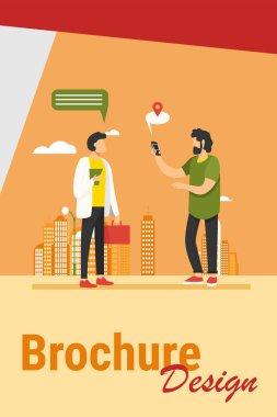 İnsanlar telefonda konum uygulaması kullanıyor. Soru yolu, harita işaretli düz vektör illüstrasyonlu konuşma balonu. Sancak, web sitesi tasarımı veya iniş web sayfası için gezinme, seyahat, iletişim konsepti