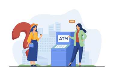 Banka çalışanı müşterilerin ATM kullanmasına yardım ediyor. Kredi kartı olan bir kız düz vektör çizimi sorguluyor. Pankart, web sitesi tasarımı veya iniş sayfası için finans, hizmet, danışma kavramı