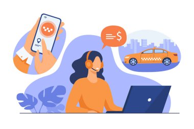 Taksi çevrimiçi sipariş işlemi. Cep telefonunda taksi servisi uygulaması kullanan yolcuların elleri, sipariş veren kulaklıklı hareket memuru. Mobil uygulama, taksi, şehir taşıma konsepti için