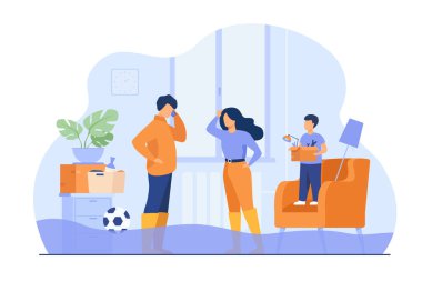 Evde ayak bileğine kadar suya batmış bir çift kırık boruları tamir etmek için tesisatçı çağırıyorlar. Taşma için vektör illüstrasyonu, su basmış ev, acil durum kavramı