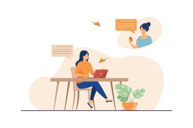 Kadın arkadaşlar internette sohbet ediyor ve gülümsüyor. Laptop, bilgisayar, sosyal medya düz vektör çizimi. Sancak, web sitesi tasarımı veya iniş web sayfası için iletişim ve ağ kavramı