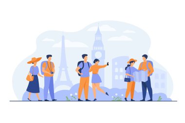 Avrupa 'da seyahat eden mutlu çiftler ve izole edilmiş düz vektör resimlerini çekiyorlar. Sırt çantası, kamerası ve haritası olan bir grup insan. Tatil ve turizm konsepti