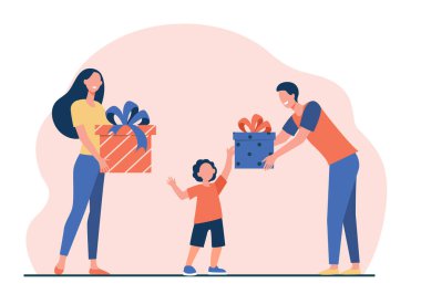 Mutlu ebeveynler oğullarına hediye veriyor. Doğum günü hediyeleri alan çocuk düz vektör çizimi yapıyor. Sürpriz, Noel, çocukluk konsepti afiş, web sitesi tasarımı veya iniş sayfası