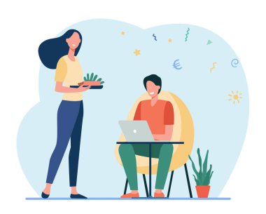 Happy wife preparing food for man working at home. Laptop, computer, investment flat vector illustration. Freelance and family concept for banner, website design or landing web page