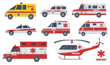 Medical care transport flat item set. Cartoon ambulance cars and vehicles design isolated vector illustration collection. Emergency, transportation, aid service and fast rescue concept