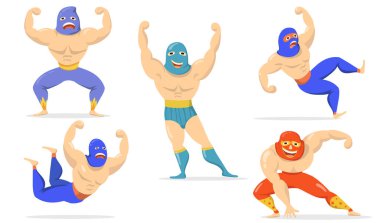 Mexican fighters in masks flat item set. Cartoon wrestlers standing, showing muscles, falling, smiling isolated vector illustration collection. Lucha libre and martial arts concept