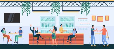 Kafede buluşan, barda bira içen, masada ya da tezgahta oturup konuşan insanlar. Gece hayatı, parti, bar konsepti için vektör illüstrasyonu