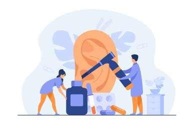 Küçük doktorlar hastaların kulaklarını tedavi ediyor ya da muayene ediyor otoloji aletleri kullanıyor, şişeler taşıyor ve su toplamış haplar taşıyor. Otolaryngoloji, sağlık, işitme kaybı konsepti için vektör illüstrasyonu