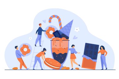 Tiny people holding and carrying bars of chocolate, biscuit, donut, ice cream, milk shake. Vector illustration for sweet dish, dessert, pastry, bakery, sugar concept