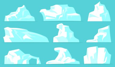 Various icebergs set. White icy mountains with crystal snow isolated on pale blue background. Vector illustrations collection for arctic landscape, north pole, Antarctic nature concept