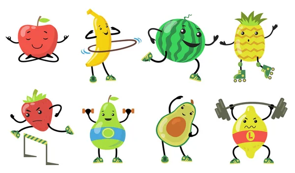 Sporty fruits set. Cartoon pear, apple, avocado, strawberry doing yoga, running and lifting weight in gym. Flat vector illustrations for healthy food, wellness, lifestyle concept