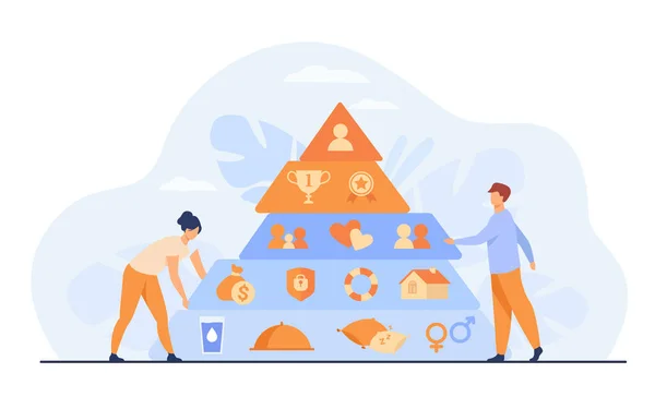 马斯洛金字塔平面矢量图解附近的小人类 具有图层层次结构的卡通三角金字塔 社会学理论与健康测量概念 — 图库矢量图片