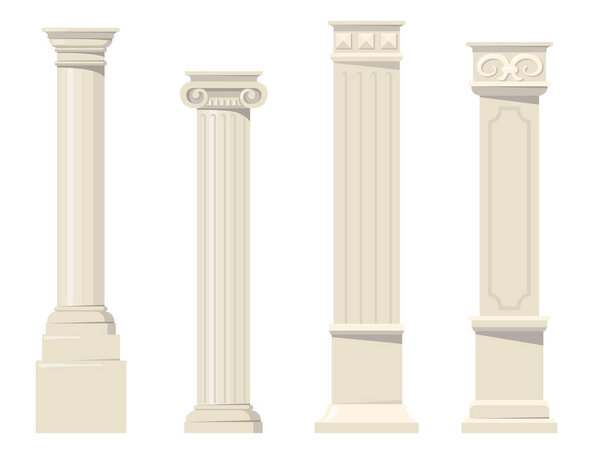 Vintage classic carved architectural pillars flat set for web design. Cartoon roman, renaissance or baroque columns for interior isolated vector collection. Building design and decoration concept