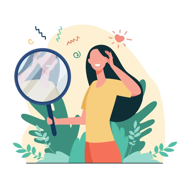 Woman Looking Mirror Flat Vector Illustration Cartoon Beautiful Female Characters — Stock Vector