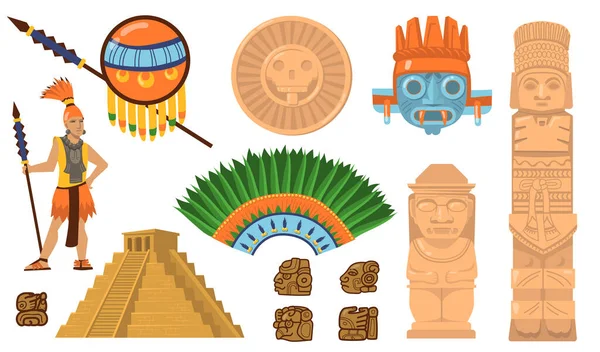 アステカとマヤのシンボルセット 古代のピラミッド インカ戦士 民族の仮面 神々や偶像の遺物 メキシコ文化のためのフラットベクトルイラスト 伝統的な装飾コンセプト — ストックベクタ