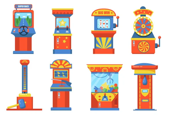 Slot Düz Illüstrasyon Setine Sahip Çekici Park Cihazları Sepetli Oyun — Stok Vektör