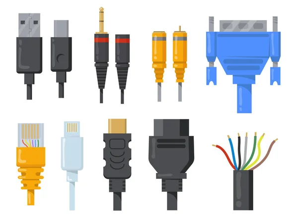 计算机电缆 金属丝和金属丝固定 用于Hdmi或Vga端口隔离向量图集的卡通黑色和彩色连接器 网络和通信概念 — 图库矢量图片