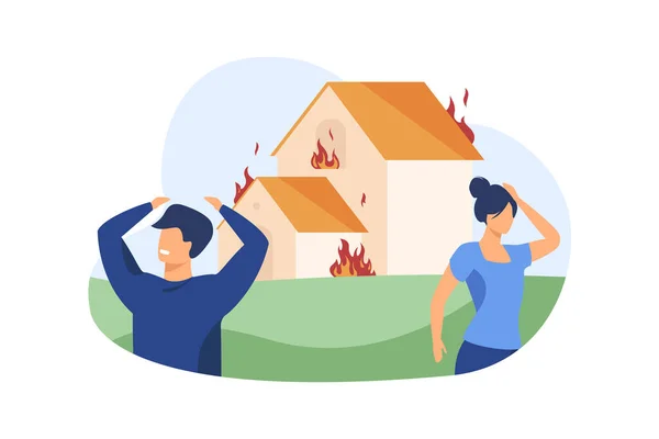 Bir Adam Bir Kadın Yanan Evin Önünde Dikiliyorlar Yangın Tehlike — Stok Vektör