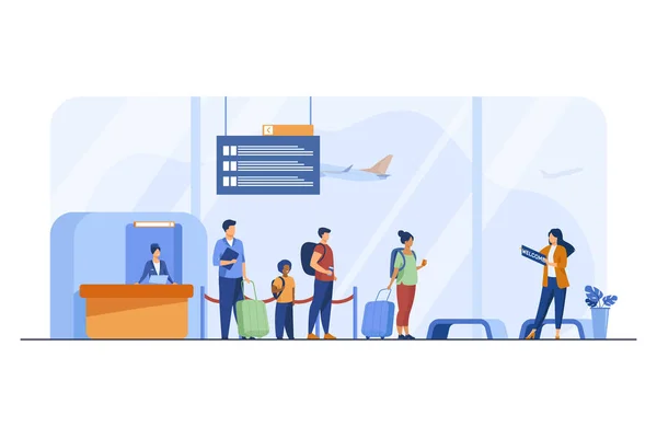 Passagers Avec Bagages Dans Illustration Plate Aéroport Débarquement Voyage Arrivée — Image vectorielle