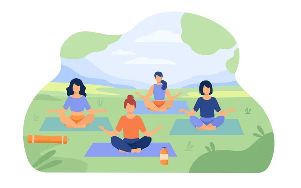 People enjoying outdoor yoga class in park. Women sitting on grass in lotus pose. Vector illustration for health, recreation, wellbeing concept