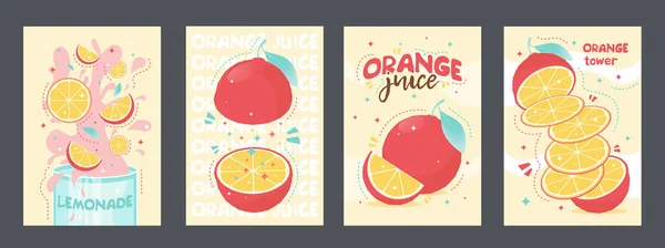Świeży Sok Tropikalne Plakaty Projekt Pomarańcza Lemoniada Zestaw Ilustracji Wektorowych — Wektor stockowy