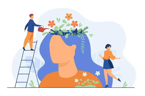 Personas Diminutas Hermoso Jardín Flores Dentro Cabeza Femenina Aislado Ilustración — Archivo Imágenes Vectoriales