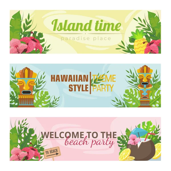 Modne Banery Hawajskich Wakacji Wektor Ilustracji Jasne Totemy Kwiaty Owoce — Wektor stockowy