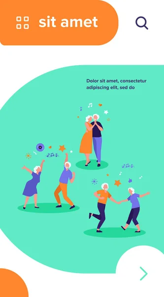 Happy old people dancing isolated flat vector illustration. Cartoon senior grandfathers and grandmothers having fun at party. Music and dancing club concept
