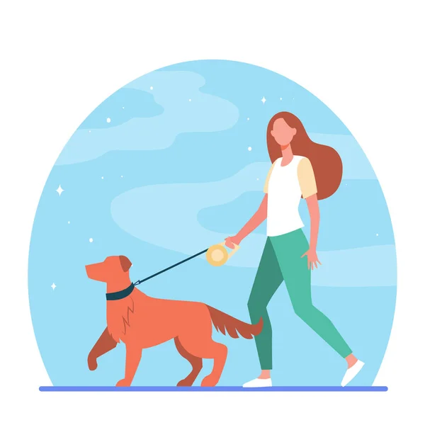 Young woman walking dog on leash. Girl leading pet in park flat vector illustration. Animal care, adoption, lifestyle concept for banner, website design or landing web page