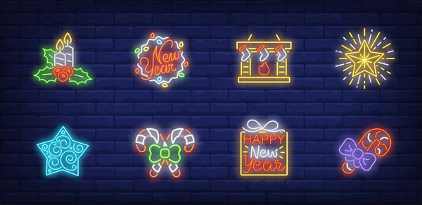 Noel arifesi tabelası. Çubuk şeker, şömine, mum, çorap. Neon tarzı vektör illüstrasyonu, Xmas, Yeni Yıl, dekorasyon gibi konular için parlak afiş